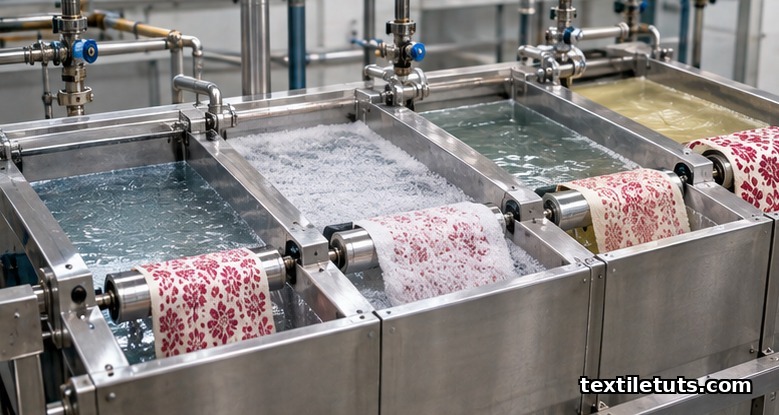 Successive stainless-steel wash baths rinsing, soaping, and acid-souring printed wool fabric in a dye-house finishing range.