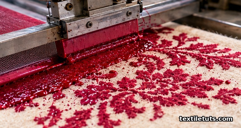 Close-up of crimson acid dye paste being printed onto cream wool fabric through a mesh screen in a textile mill.
