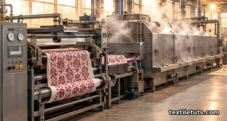 Rotary-screen printing machine feeding printed wool fabric into a saturated-steam fixation chamber in a textile mill.
