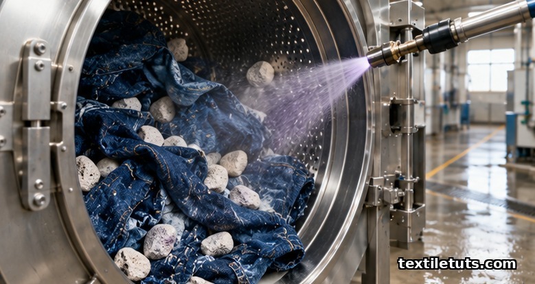 Industrial denim drum washer open at the front, showing blue garments tumbling with white pumice stones and a spray nozzle applying purple mist.