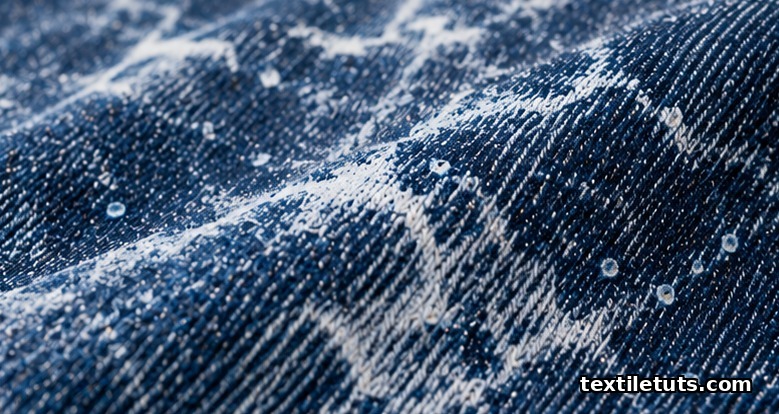 Close-up of acid-washed indigo denim fabric showing high-contrast marbled white streaks and frosted patches across the blue twill weave.