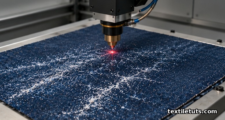 Industrial laser engraving head creating a high-contrast pale speckled pattern on a flat panel of indigo denim fabric.