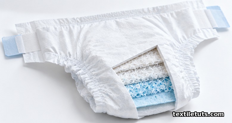 Layered cross-section of an adult incontinence brief revealing top sheet, ADL, SAP core, and back sheet.