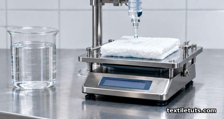 Laboratory test setup measuring absorbency of an incontinence product with graduated saline dosing rig.