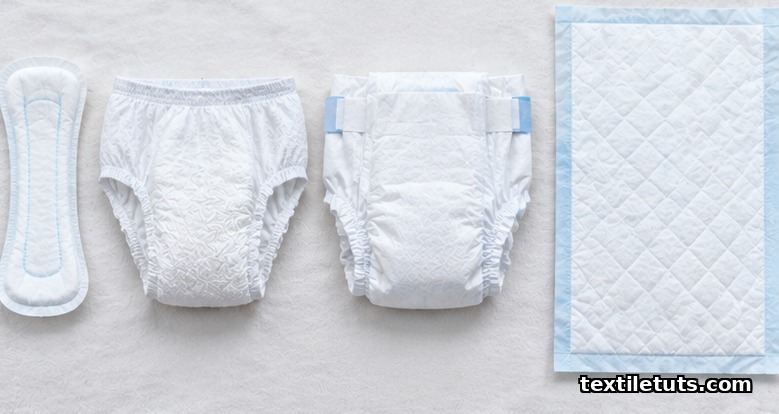 Flat lay of four adult incontinence product formats: pads, pull-on underwear, tab-style briefs, and underpads.