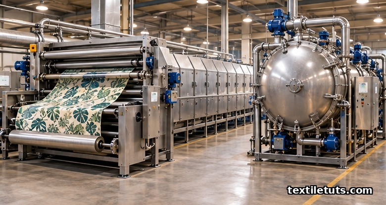 Side-by-side editorial view of an open-width continuous washing range and a cylindrical jet machine.