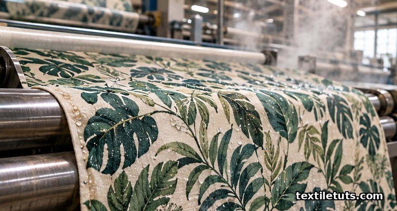 Reactive-printed cotton fabric on a stenter frame inside a textile finishing mill, soft industrial light.
