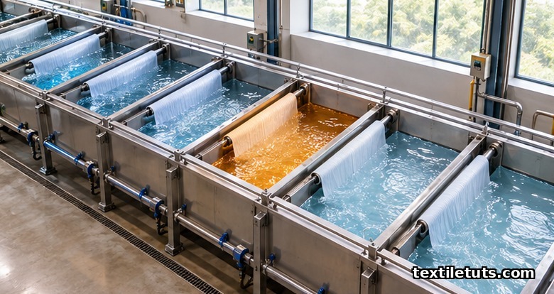 Overhead view of a six-stage open-width after-wash line with water cooling from amber to pale blue.