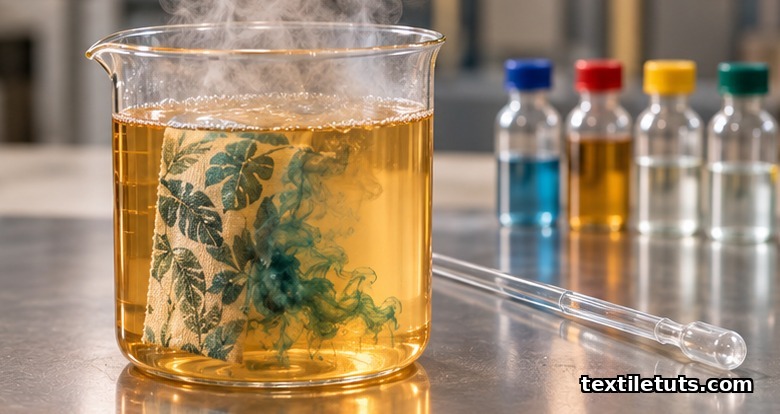 Macro view of a glass beaker holding a 90 °C soap-off liquor with a printed cotton swatch dispersing dye.