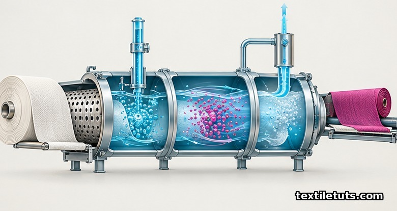 Cross-section technical illustration of the five-step supercritical CO2 Air Dye cycle: load, pressurize, dissolve, recycle, unload dry.