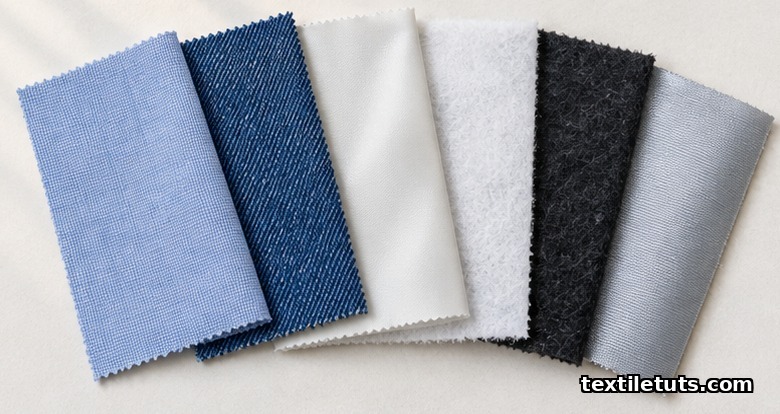 Row of six textile swatches — cotton shirting, denim, microfiber windshell, spunbond nonwoven, geotextile, and silicone-coated airbag fabric.