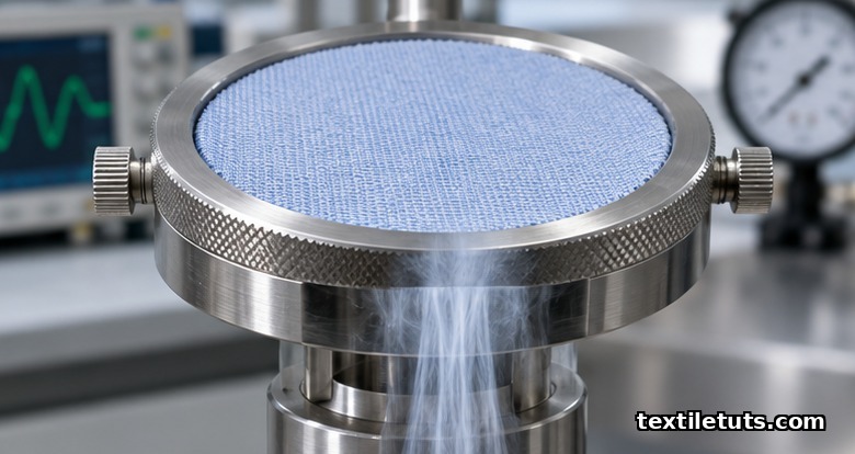 Cotton shirting fabric clamped flat in the circular test head of an ISO 9237 air permeability tester with visible airflow through the weave.