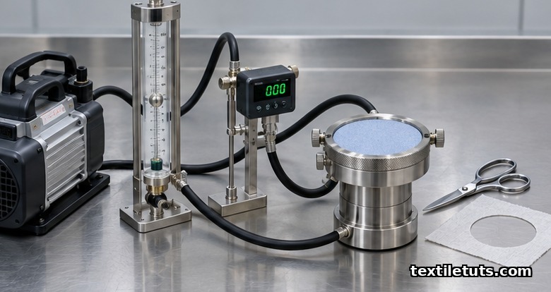 Shirley air permeability test rig on a lab bench with vacuum pump, glass rotameter, pressure transducer, and fabric clamped in the test head.