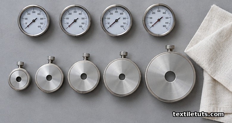 Five interchangeable circular ISO 9237 test heads from 5 to 100 cm² lined up beside analog pressure gauges showing 50, 100, 200, and 500 Pa.