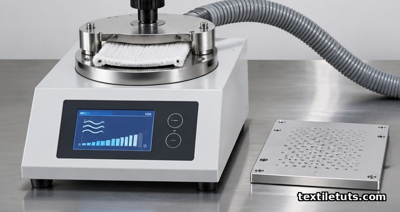 Air permeability tester instrument clamping a knit fabric specimen under a circular test head on a lab bench.