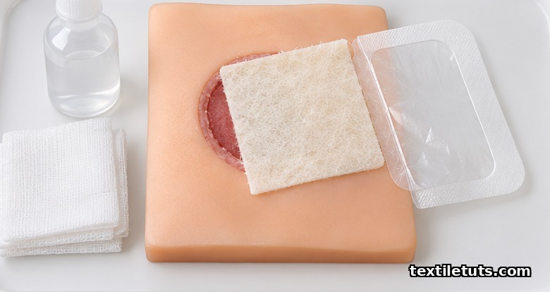 Overhead view of an alginate sheet being placed on a wound bed with sterile saline and a transparent film secondary dressing.