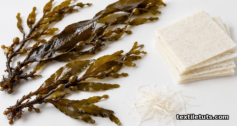 Brown seaweed strands beside pale calcium alginate nonwoven dressing squares and loose staple fibers on a clinical surface.