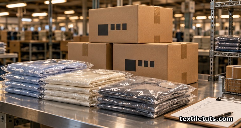 Inspection and packing station with poly-bagged garments, sealed export cartons, and AQL checklist.