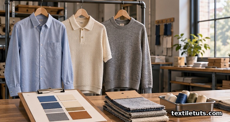 Merchandiser workstation with sample garments on a rack, lab dip cards, and fabric swatches.