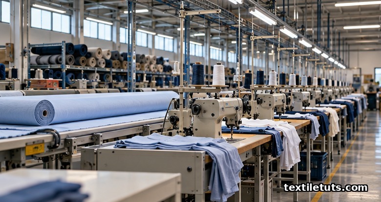 Wide view of an apparel sewing line with industrial machines, fabric bolts, and overhead lighting.