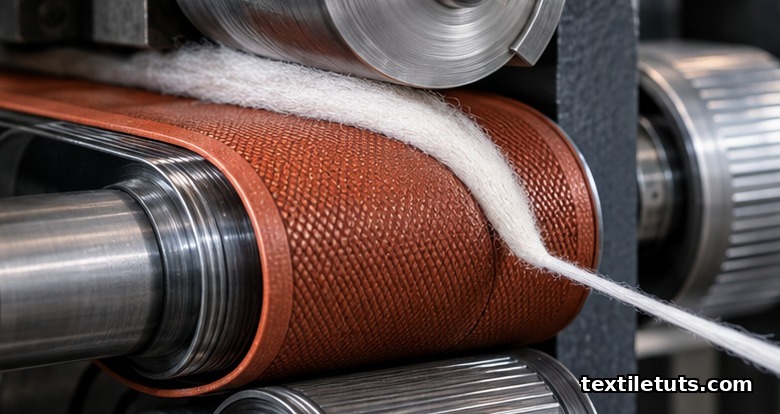 Extreme close-up of a nitrile rubber apron looping around drafting rollers and gripping white cotton fibre in a ring spinning frame.