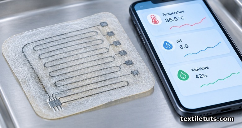 Flexible electronic skin patch with silver nanowire traces on a translucent electrospun polymer substrate beside a smartphone showing wound-monitoring readouts.