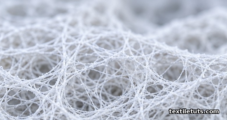Macro close-up of an electrospun nanofibrous artificial skin scaffold showing ultrafine white polymer fibers forming a porous tissue matrix.
