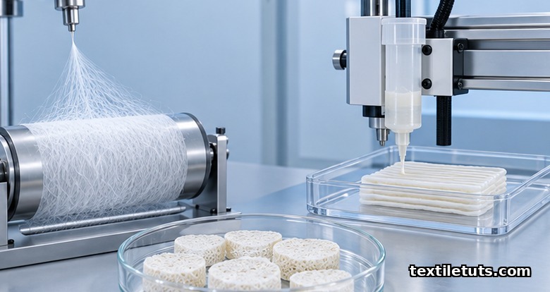 Laboratory scene comparing electrospinning and 3D bioprinting methods for fabricating artificial skin scaffolds, with freeze-dried sponge discs in the foreground.