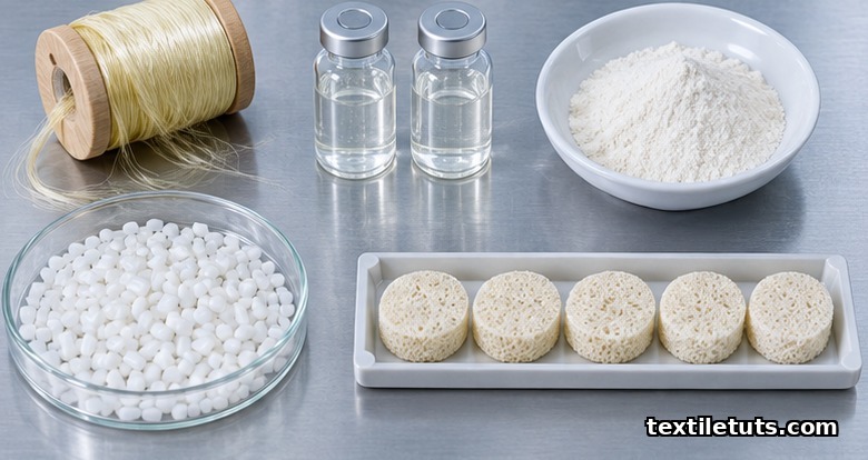 Overhead flatlay of artificial skin scaffold raw materials including silk fibroin fiber, collagen solution, chitosan powder, and polycaprolactone pellets.