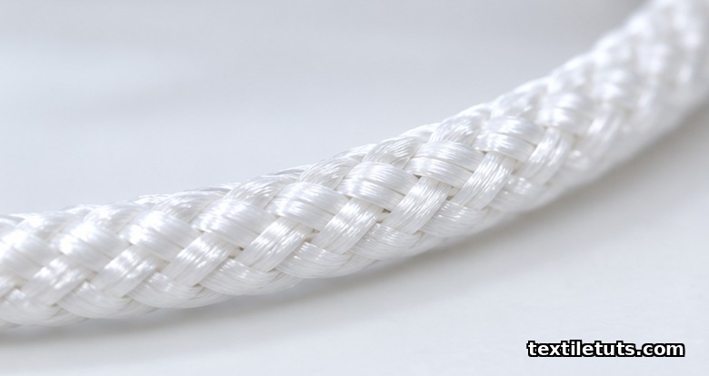 Close-up of a braided UHMWPE surgical ligament cord on a white laboratory surface showing diagonal braid pattern.