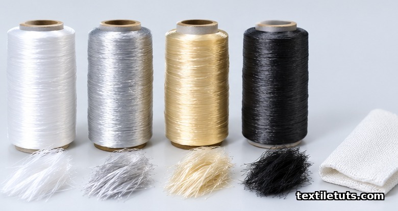 Studio arrangement of four fiber spools showing PET, UHMWPE, silk fibroin, and carbon fiber textile materials.