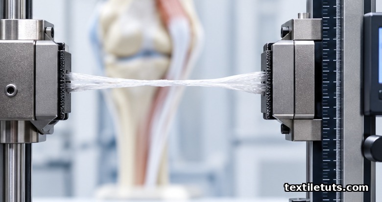 Tensile testing rig stretching a synthetic ligament specimen between two clamps with a force gauge for strength measurement.