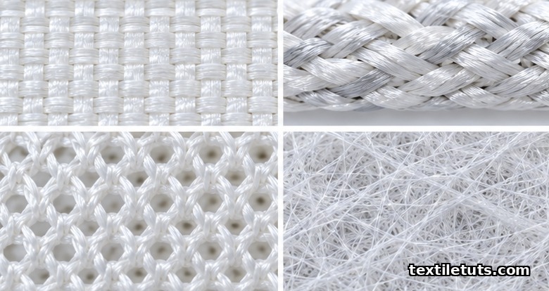 Four magnified textile fabric samples showing woven, braided, knitted, and electrospun nanofiber structures for implants.