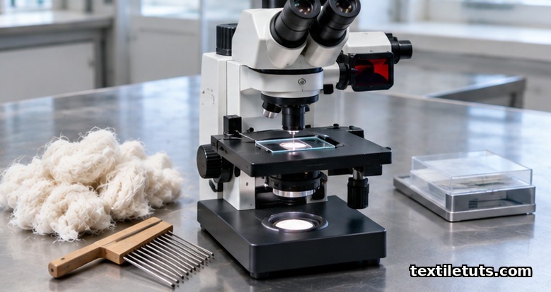 Polarizing microscope bench setup for ASTM D1442 cotton maturity testing with red compensator plate and fiber slide.