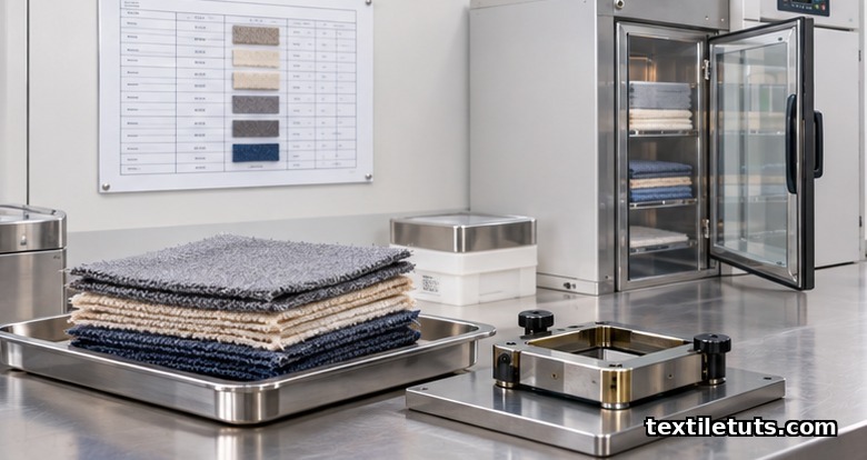 Textile conditioning tray with freshly-cut fabric specimens in gray, beige, and navy beside a humidity-controlled cabinet.