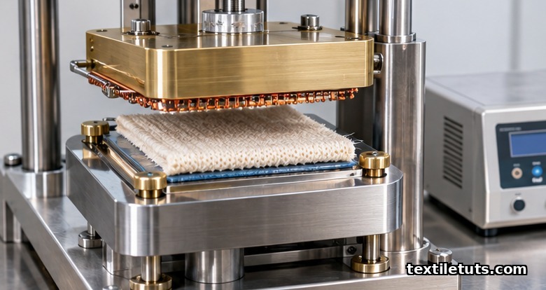 Close-up of a guarded two-plate thermal testing rig clamping a cream wool fabric specimen between hot and cold plates.