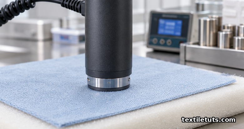 MTPS sensor probe pressed against a thin pale-blue polyester knit fabric on an insulating foam pad in a testing lab.