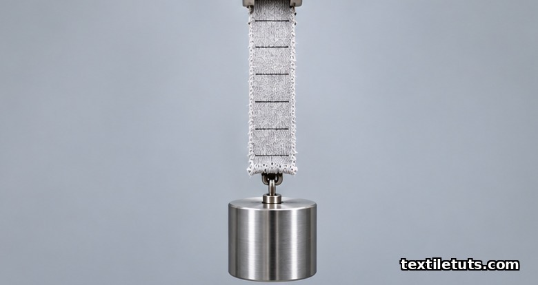Close-up of a knit specimen under a suspended metal weight with five horizontal pencil marks tracking gauge length across cycles.