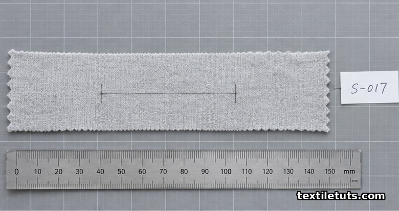 Cut knit fabric specimen laid flat on a cutting mat with pencil gauge marks and a metal ruler for ASTM D2594 stretch test prep.