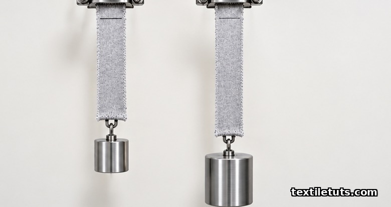 Side-by-side knit specimens under1.36 kg and 2.27 kg suspended test loads, showing greater elongation under the heavier weight.