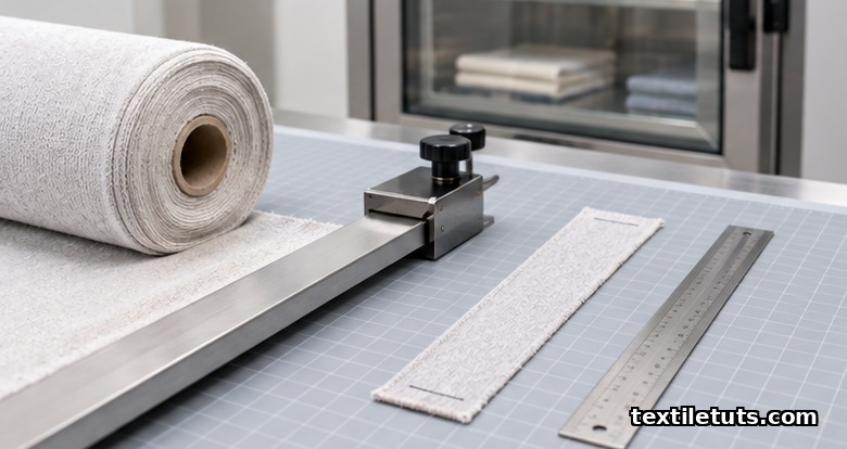 Knit jersey being cut into a 50.8 mm wide specimen strip with bench marks and ruler on a cutting mat in a textile lab.