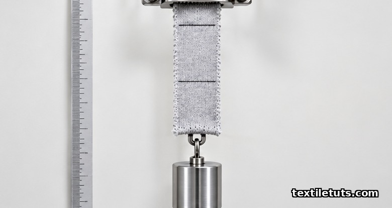 Knit jersey specimen hanging from a steel clamp with a suspended metal weight in a textile lab, illustrating ASTM D2594 stretch and recovery testing.