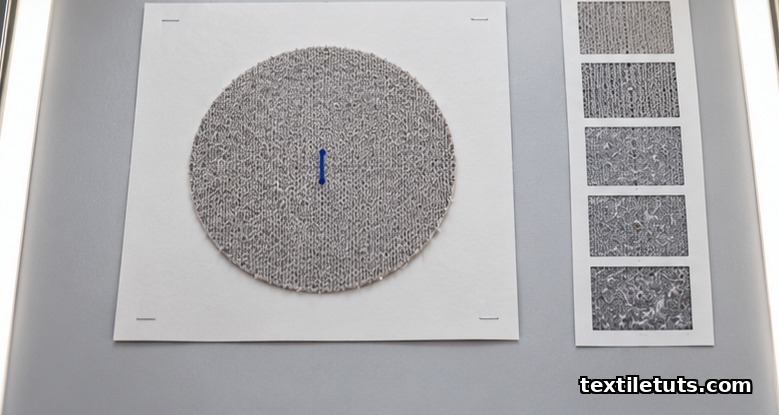 Fabric specimen mounted under D65 lighting in a rating booth beside photographic pilling standards.