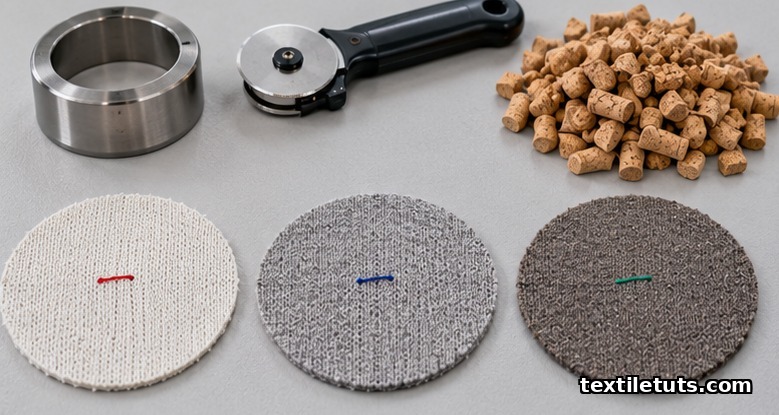 Three circular fabric specimens cut to 105 mm alongside cork tube chips on a lab bench for ASTM D3512.