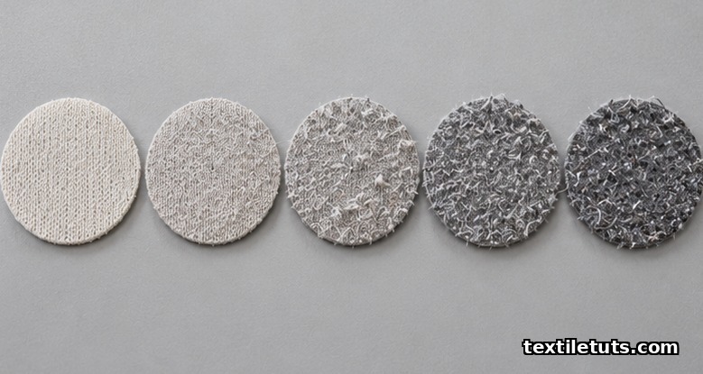 Five fabric swatches showing ASTM D3514 pilling rating scale from grade 5 smooth to grade 1 severe pilling.