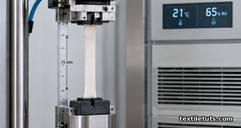 Close-up of pneumatic rubber-faced grips holding a 25 mm elastic specimen at 75 mm gauge length for D4964 testing.