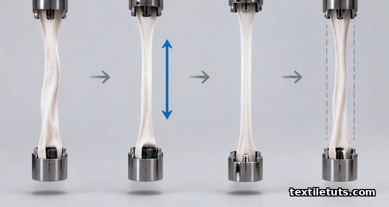 Four-step illustration of an elastic strip stretched, held, returned, and recovered during a D4964 test cycle.