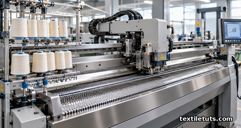 Modern computerized V-bed flat knitting machine in an industrial mill with yarn feeders and electronic carriage.