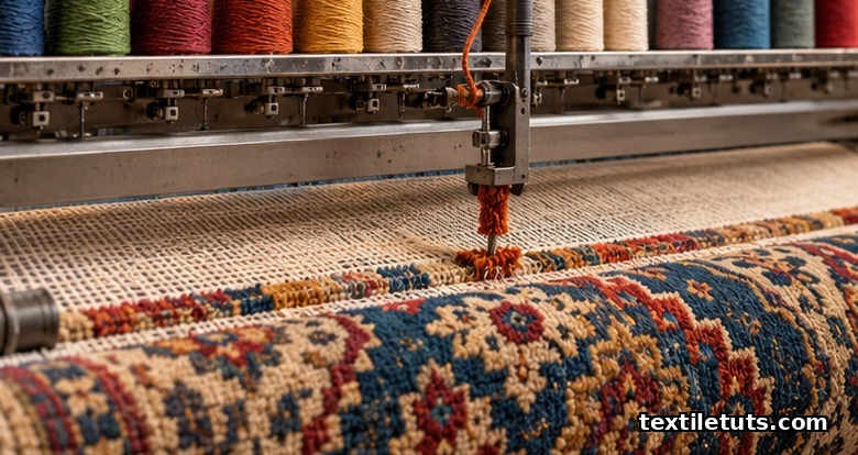 Close-up of an Axminster loom gripper inserting a single colored pile tuft into the backing warp during weaving.