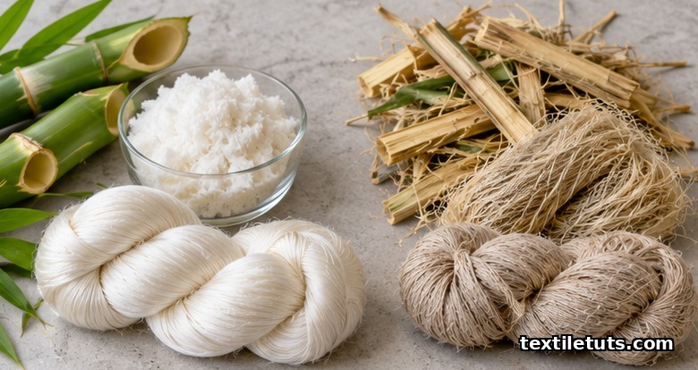 Bamboo stalks with glossy bamboo viscose yarn beside coarse bamboo linen bast fibers and yarn